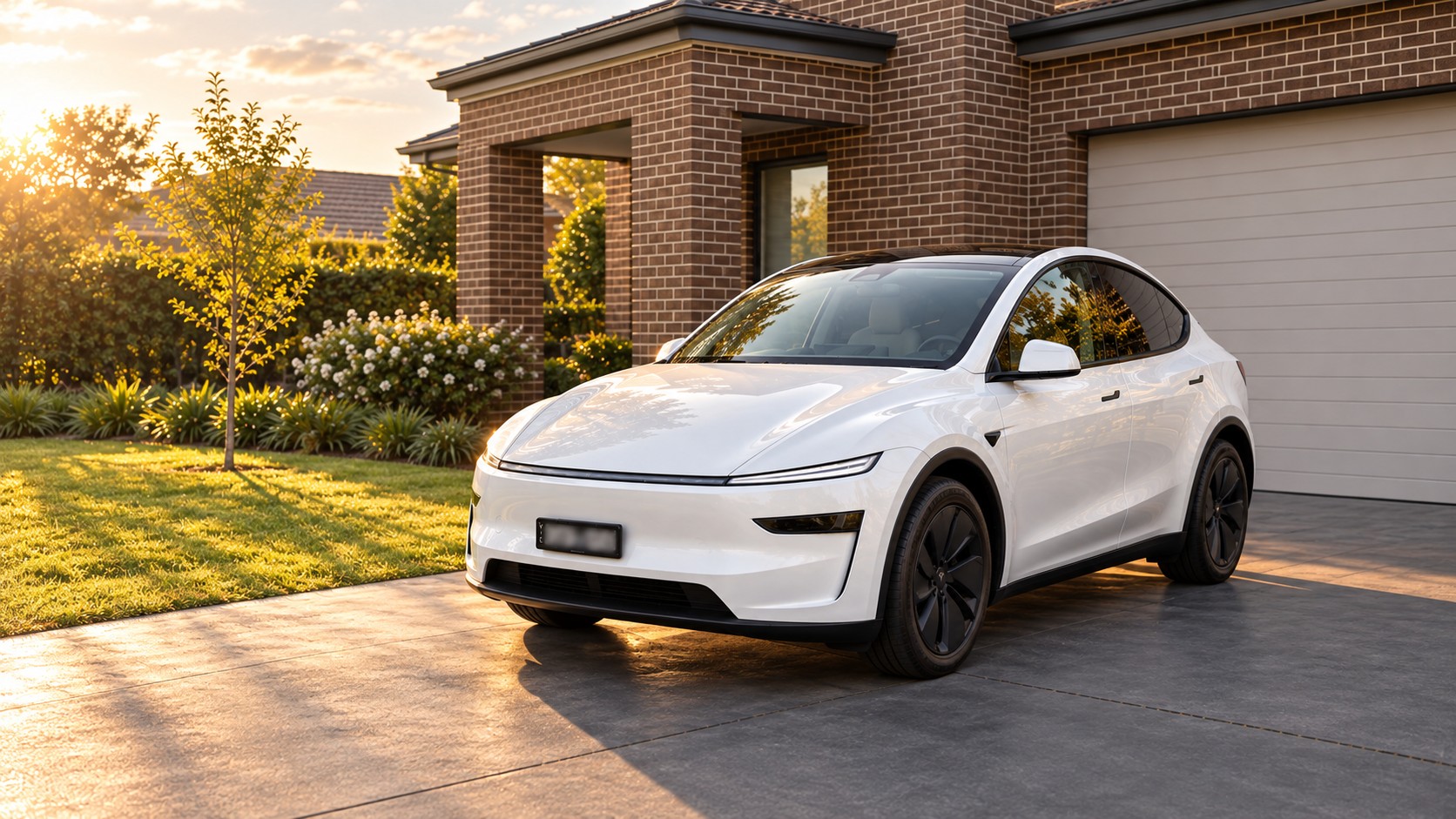 A freshly cleaned white Tesla on a landscaped driveway in warm evening light
